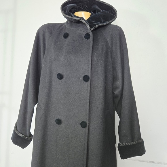 London Fog Black Wool Hooded Trench Coat Double Breasted Velvet Trim Women's 12P - Picture 5 of 14